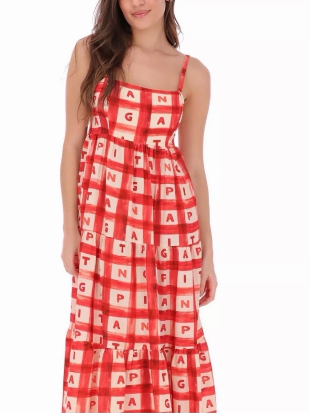 FARM Rio Red and Cream Plaid Tiered Midi Dress